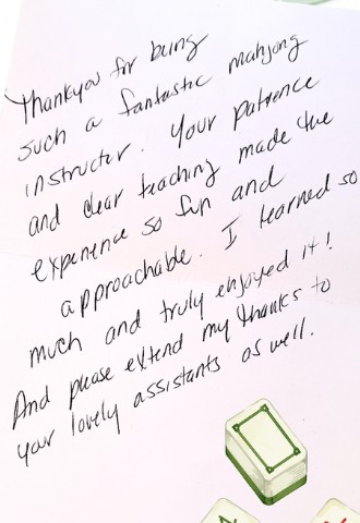 A handwritten thank-you note from a Mahj with Sue student